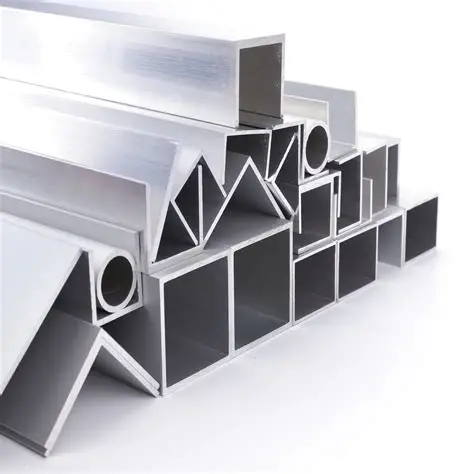 Close-up of various aluminium profiles arranged geometrically